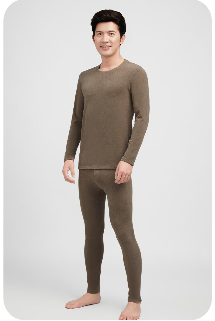 Yiershuang [Fleece-Lined, Thickened, Antibacterial] Men's Thermal Underwear Set, Honeycomb Sunshine Fleece Round Neck Autumn Top And Pants 2