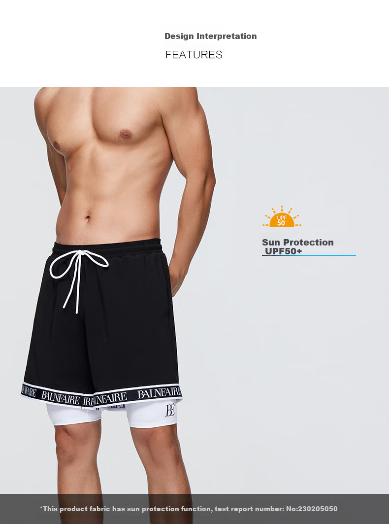 BALNEAIRE Men's Swim Shorts, Quick-Drying Hot Spring Pants, Fashionable Double-Layer Casual Sports Beach Shorts, 50435 Cool Black And White, Size L 2