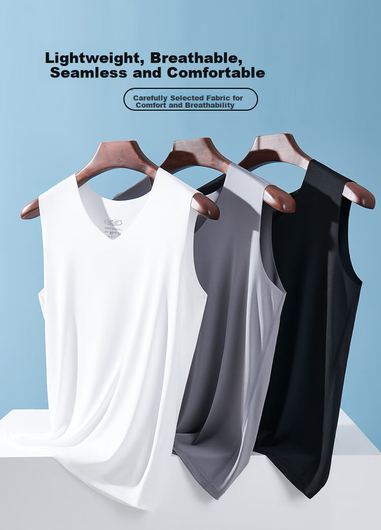 LangSha Men's Tank Top, Ice Silk Summer Thin Sports Underwear, Comfortable Breathable 3A Antibacterial Seamless V-Neck Sleeveless Vest 1