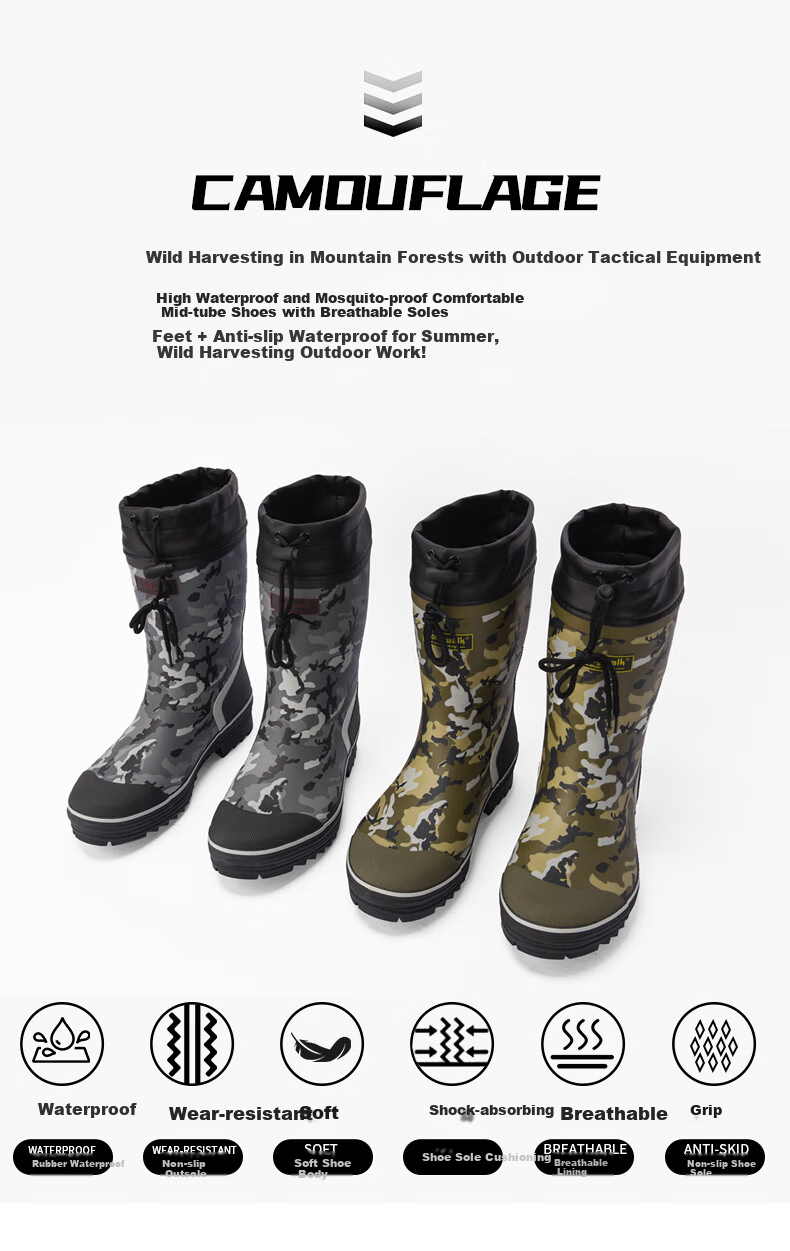 Jolly Walk Mid-Calf Camouflage Rain Boots, Rubber Waterproof Shoes, Outdoor Rain Boots 219-1, Black Camouflage, Size 43 3