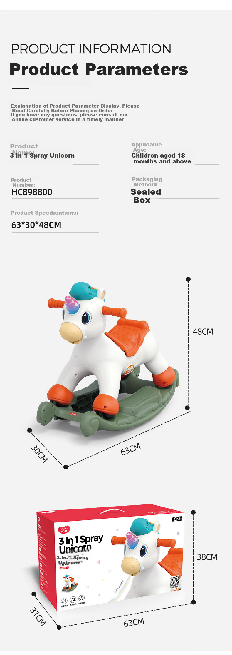 HUILE TOYS Rocking Horse Baby Toy for Ages 1-3, Musical Enlightenment Spray, ABS Material, Birthday And First-Year Gift 13