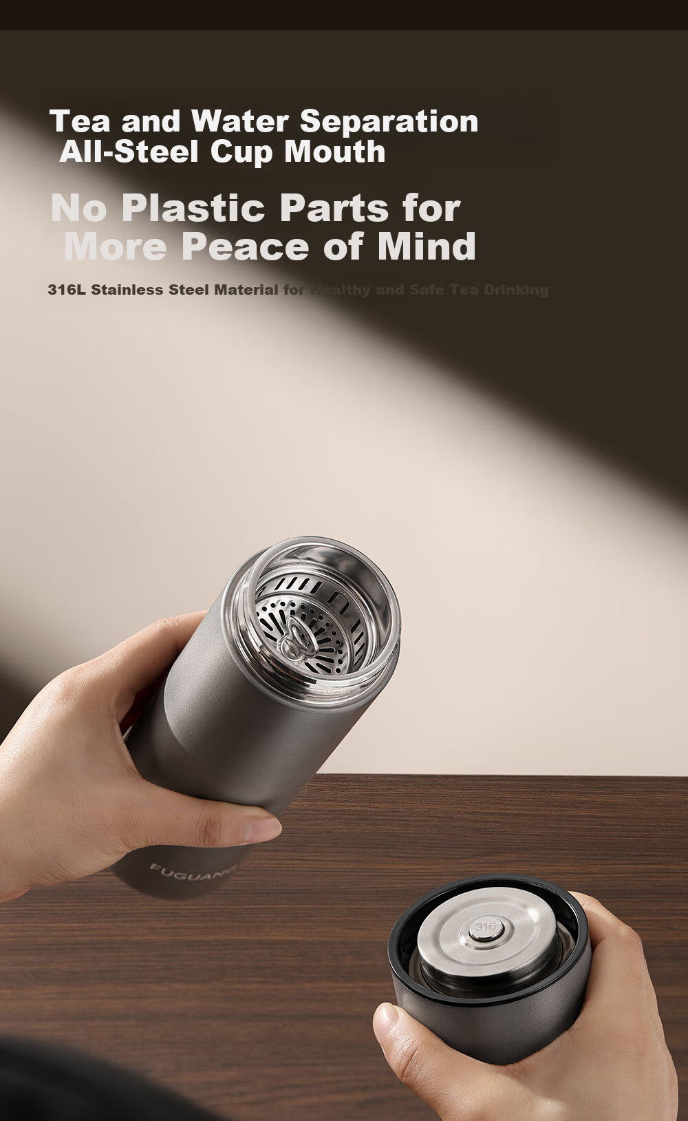 Fuguang Car One-Touch Lid-Opening Insulated Mug, Tea-Water Separation, 316L Stainless Steel Tea Infuser Cup, Cold-Keeping Cup, Business Water Bottle 6