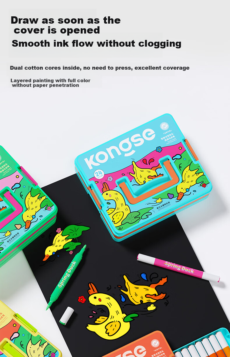 Kongse Acrylic Markers, 24 Colors, Dual-Tip Soft Tip, Watercolor Pens, Non-Translucent, Stackable, for Elementary School Students And Children, Washable, Non-Toxic Coloring Markers, Watercolor Pens, Gift, Back-To Essential 7