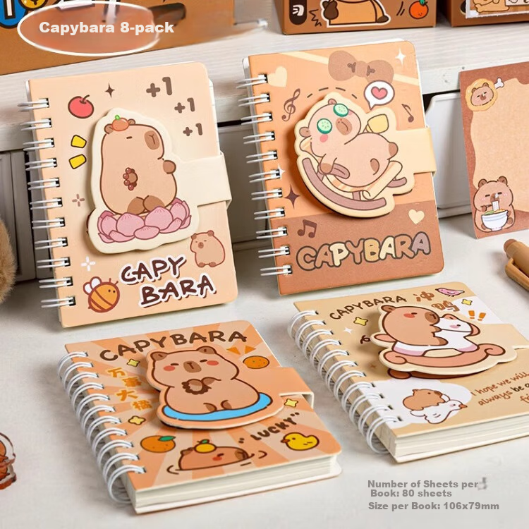 Sijinianhua Pocket Magic Tape Binding Portable Cartoon Spiral Notebook, Spiral-Bound Notebook, Portable Journal for Homework And Notes, Four Books - Capybara