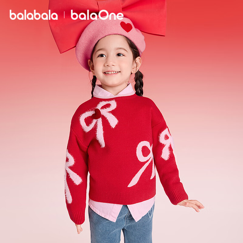 BALABALA 【balaOne】 Kids Sweater Children's Knitwear Baby Sweater 2025 Autumn Winter New Year Red Knit Pullover