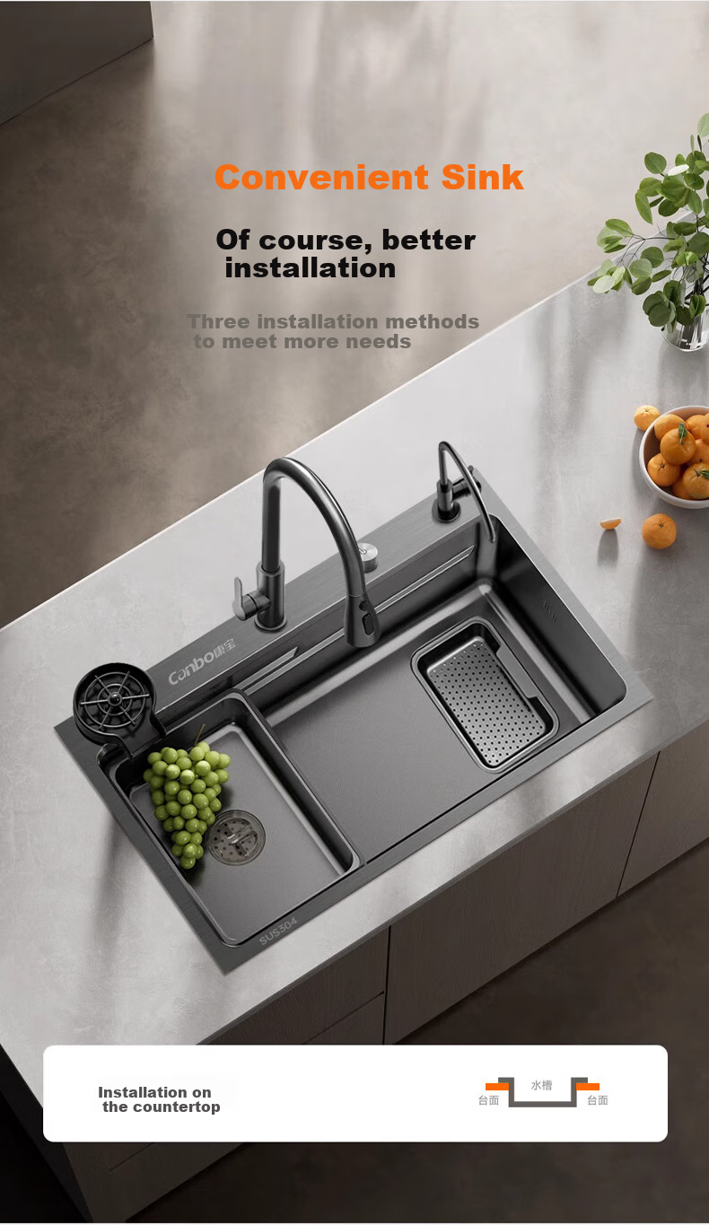 Canbo Large Single Sink, SUS304 Stainless Steel Kitchen Embossed Nano Faucet Set, Integrated Vegetable Washing Basi 19