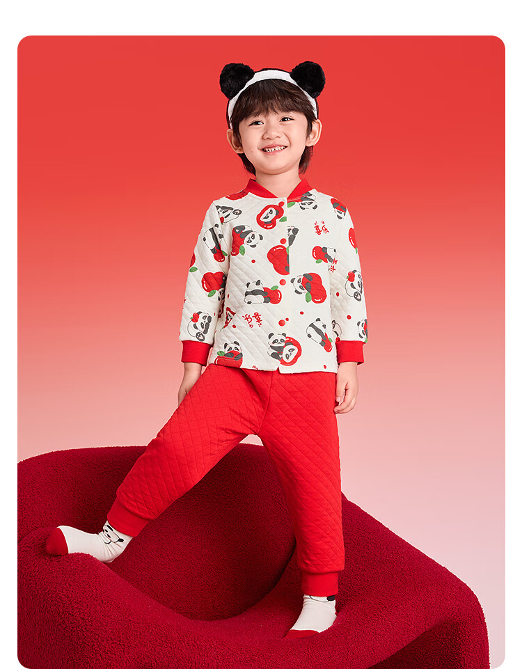 Balabala Kids Children's Underwear Set Boys Girls 2026 New Spring Padded Pajamas Red Thermal Top and Bottom New Year 4