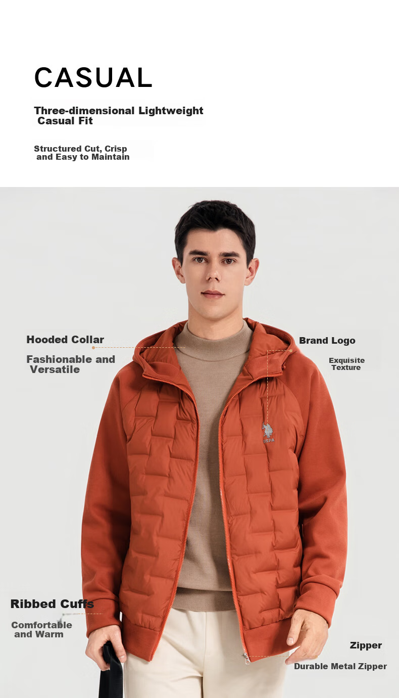 U.S. POLO ASSN. down Jacket, Autumn And Winter Men's Casual Warm Hooded Jacket, Men's Couple Sweatshirt Coat, Pearl White, XL 3