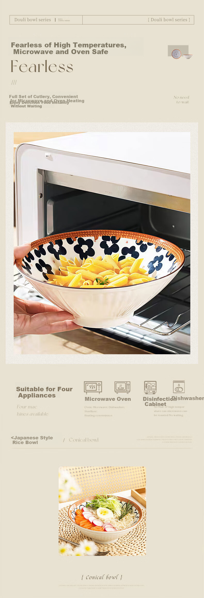 JIWUSENLIN Ceramic Noodle Bowls, Conical Bowls for Home Use, Large Bowls, Tableware, Ramen Bowls, Soup Bowls, Random Floral Patterns, 8 Inches, Set of 4 4