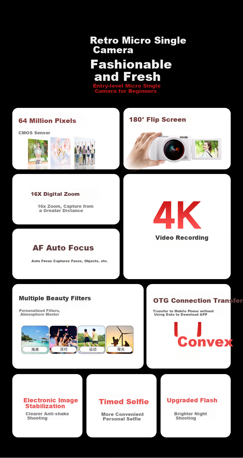 SONGDIAN Digital Camera, Replaces CCD, Entry-Level Point-And Mirrorless Vlog Camera, Flip Selfie Camera DC101AF Official Standard Configuration + Wide-Angle Lens Kit, 32GB Memory 2