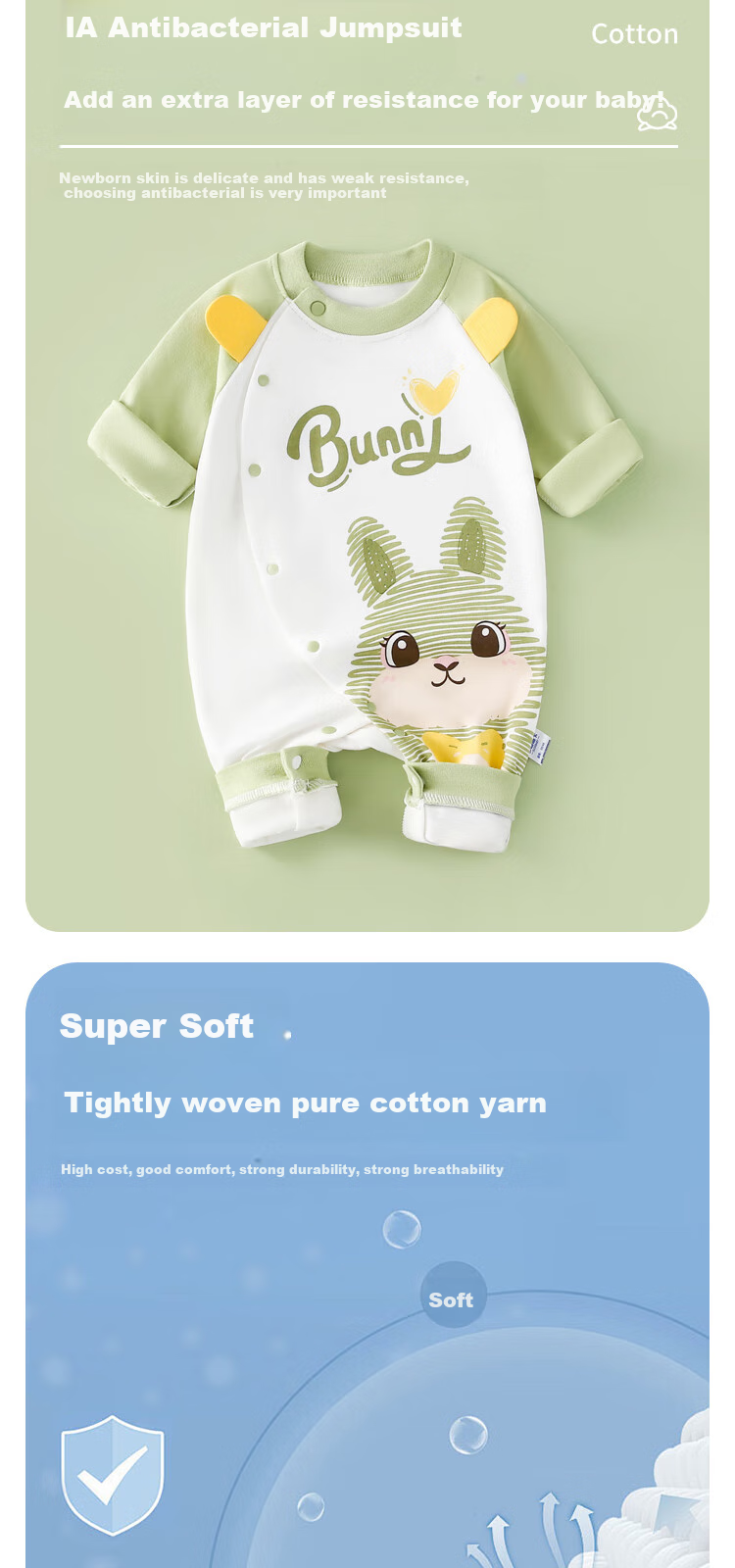 DUOXILUK Baby Spring Romper, Newborn Clothes for Boys And Girls, All-Season Long-Sleeve Bodysuit, Light Green Striped Rabbit Pattern, 80cm 1