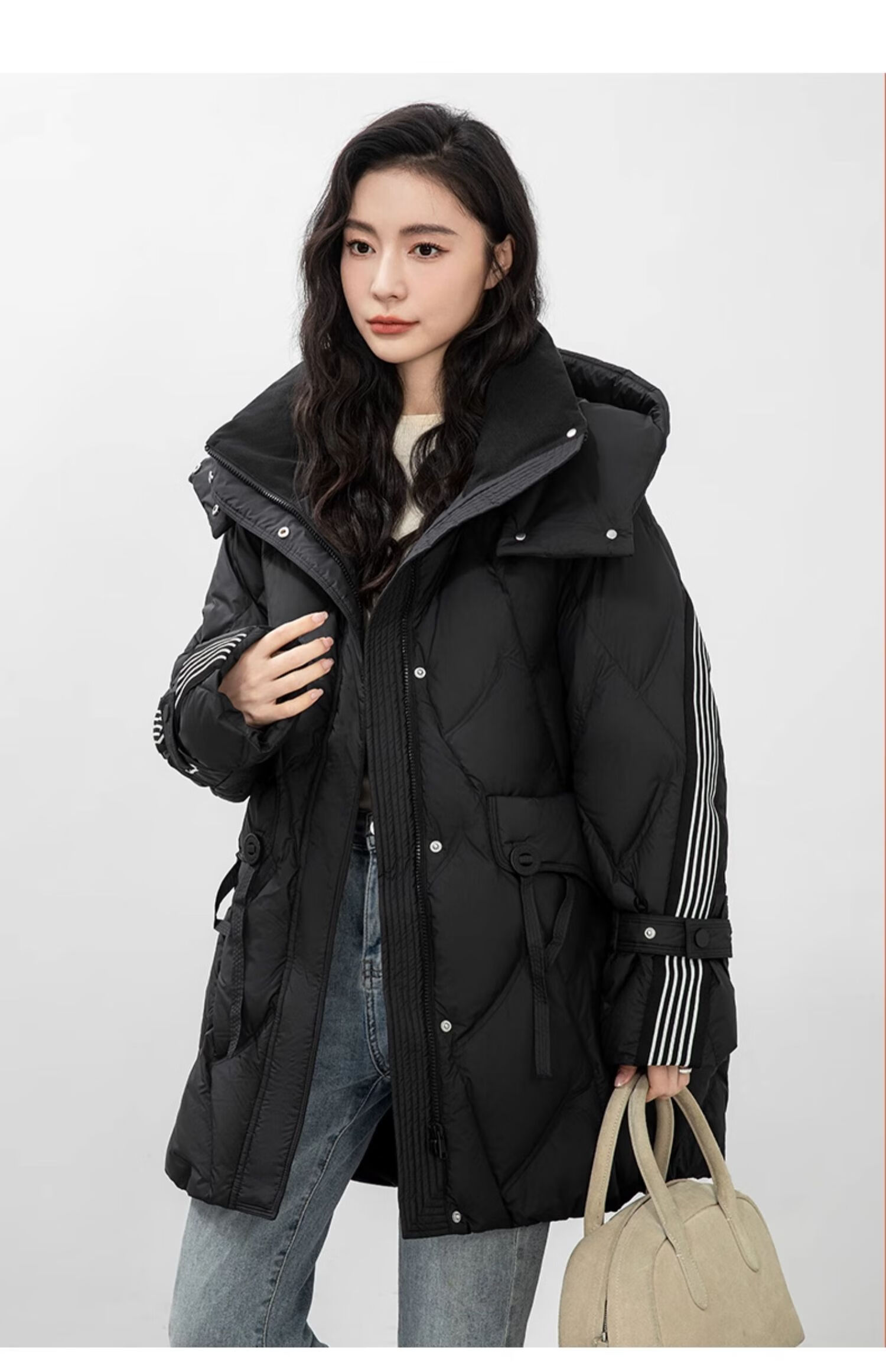 BLOOM FLOWERS Women's Down Jacket 2025 Winter Mid-Length Solid Color Striped Fashion Casual Hooded Warm Coat 32