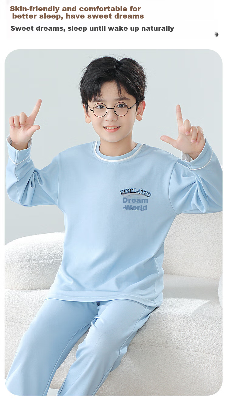 MiiOW Children's Pajamas for Boys, 40S Pure Cotton, 5A Antibacterial Home Wear Set, Spring And Autumn Long-Sleeve, New Style 2024, Blue, 120cm 1