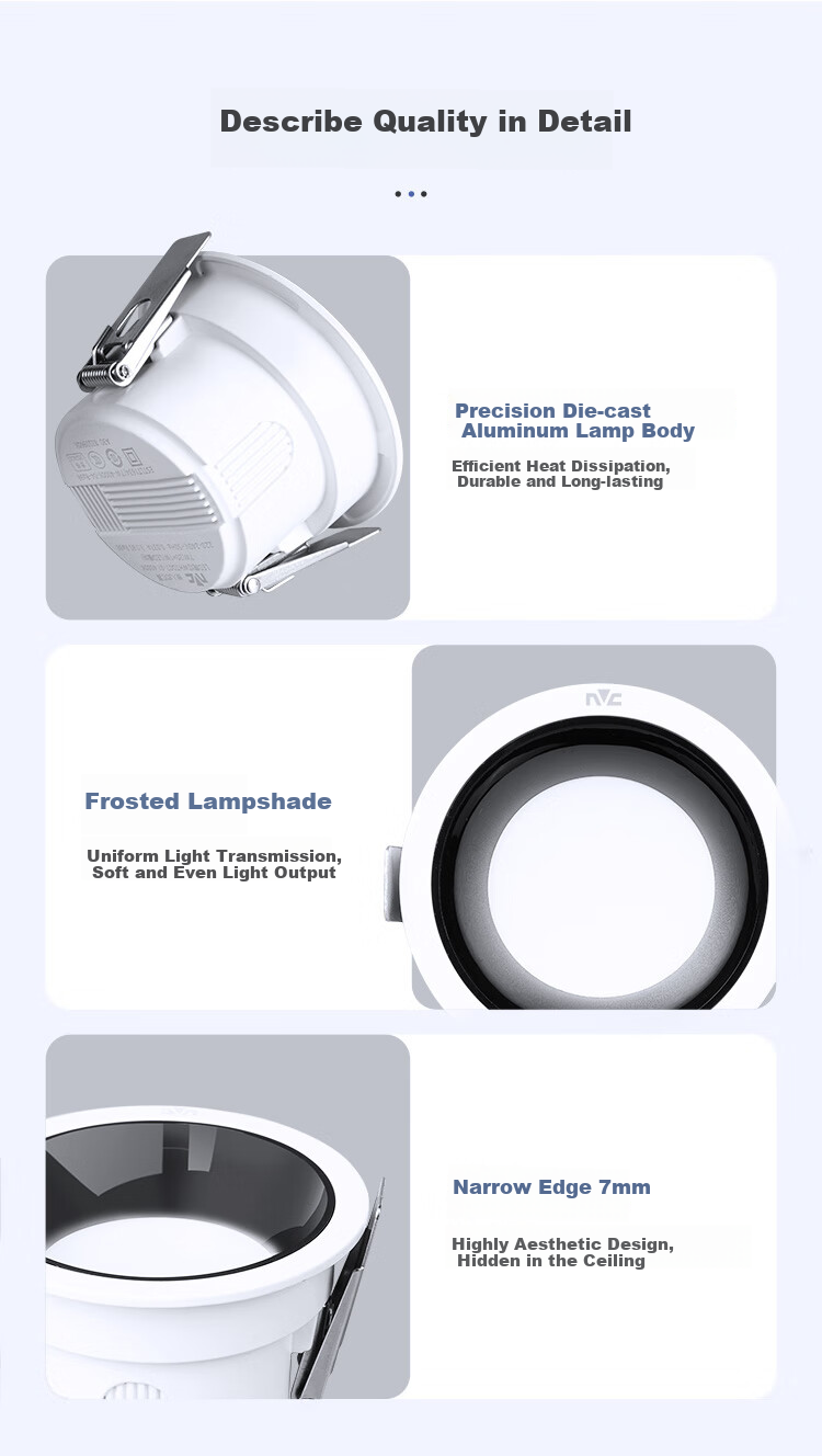NVC LED Downlight 7W White Cup Tri-Color Full Spectrum Eye Protection Recessed Ceiling Light for Living Room and Bedroom [Guanghua] Ra98 9