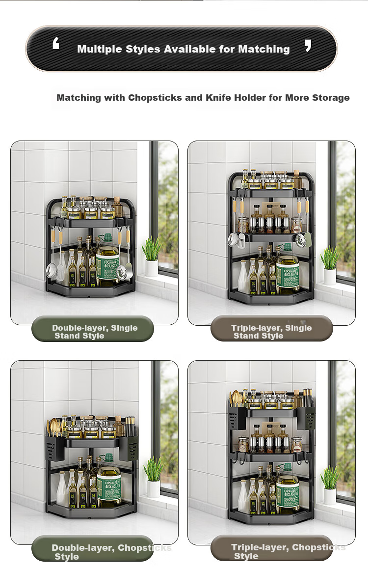 Jiuqiangu Corner Spice Rack, Kitchen Storage Shelf, Seasoning Bottle Holder with Hooks, Large Capacity Countertop Organizer Basket 6356 4