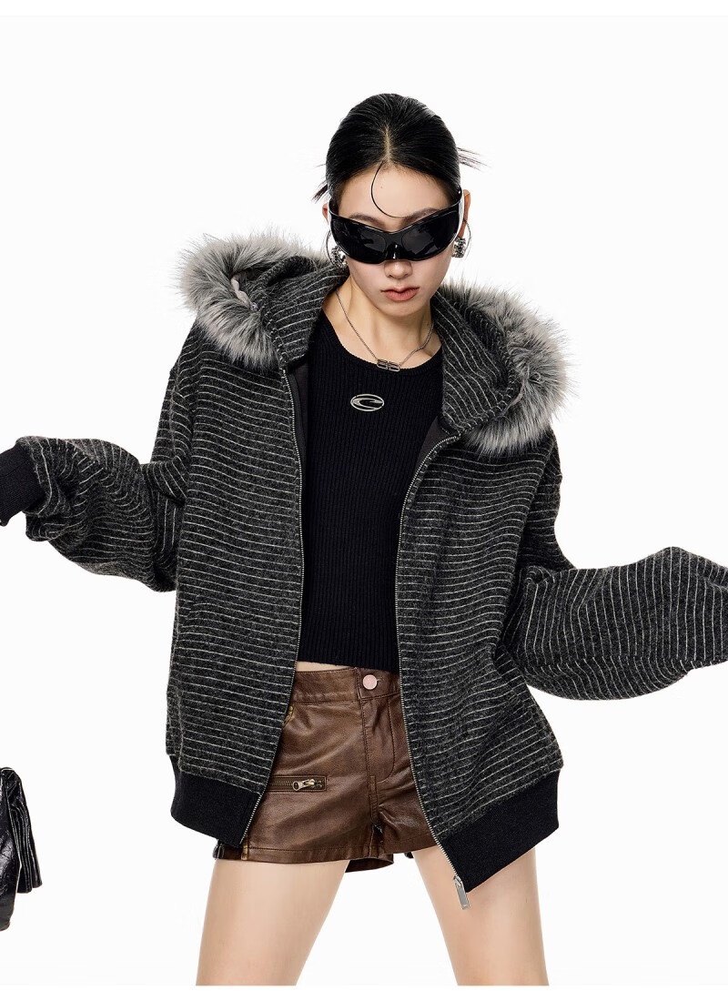 ICH MODE Women's American Style Hooded Striped Jacket with Fur Collar Autumn Winter New Zip-up Sweatshirt Cardigan Black M 6