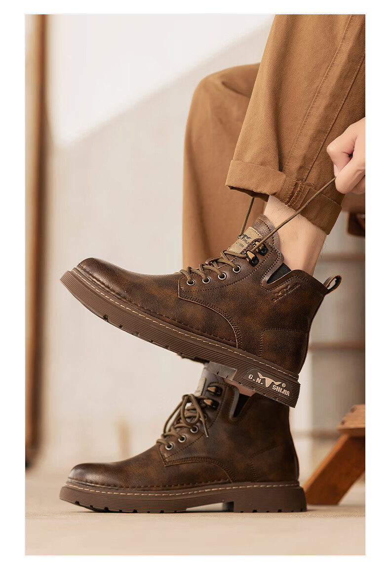 Bull Family Men's Autumn Winter New Retro British Martin Boots Fashion Versatile Work Boots Mid-High Lace-Up Leather Boots 15