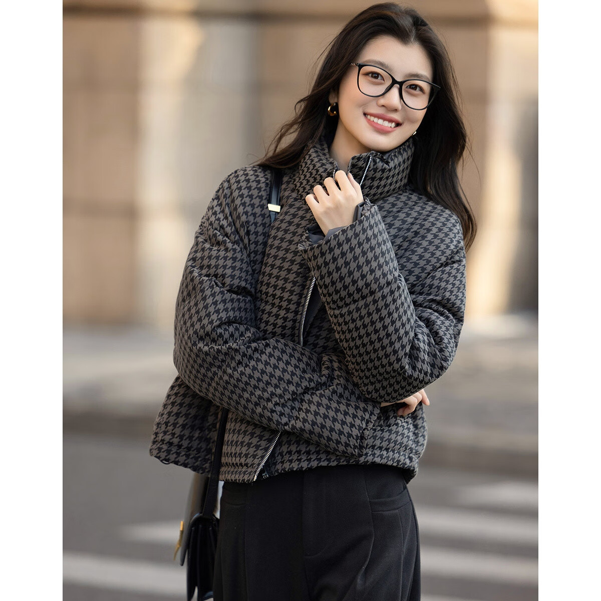 Dme [Double-Sided Houndstooth Jacquard] Winter 90% Duck Down Stand Collar Four-Layer Crafted Short Loose Women's down Jacket