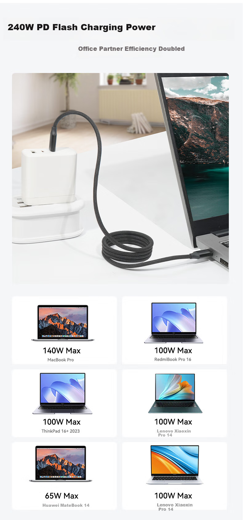 JD Jingzao 240W Overheat Protection Braided Dual-Head Type-C Data Charging Cable for Huawei Honor Xiaomi PD Fast Charge Apple iPad 17/16/15 4