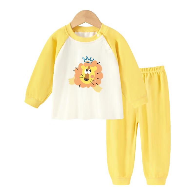Badibadi Autumn Winter Baby Toddler Pure Cotton Long Johns Pajamas Set Yellow Crown Lion 110