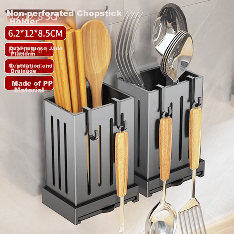 Edo Chopstick Holder, Wall-Mounted Chopstick Box, Spoon Storage Container, Kitchen Chopstick Cage, No Drilling Required, Draining Spoon Organizer Rack, Gray