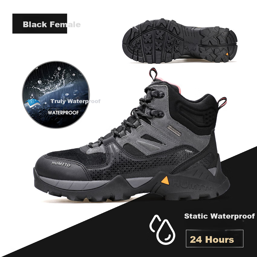 HUMTTO High-Top Waterproof Hiking Boots for Women, Non-Slip Shock-Absorbing Outdoor Trail Walking Climbing Shoes, Black, Size 36