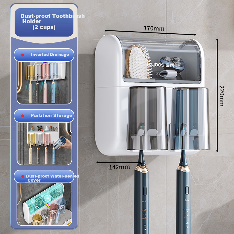 Jiabangshou Toothbrush Holder, No Drilling Required, Mouthwash Cup Storage Rack, Bathroom Wall-Mounted Organizer, Wall-Hanging Toothbrush Cup Holder, 2 Cups