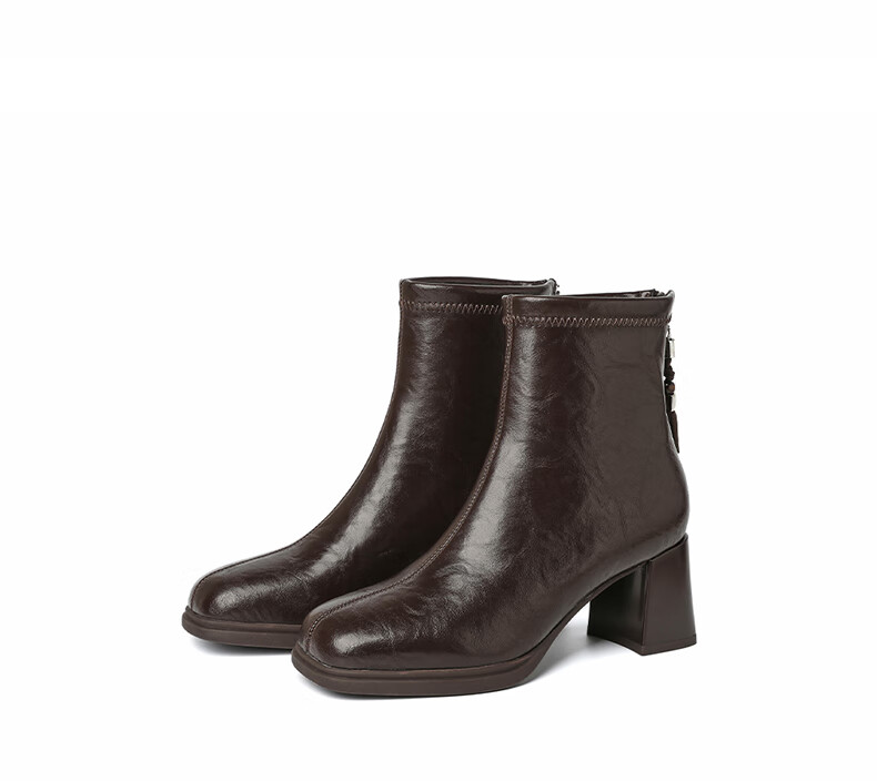 DAPHNE Vintage High Heel Fleece-Lined Ankle Boots for Women Petite French Square Toe Fashion Chunky Heel Slim Leather Boots Brown 37 10