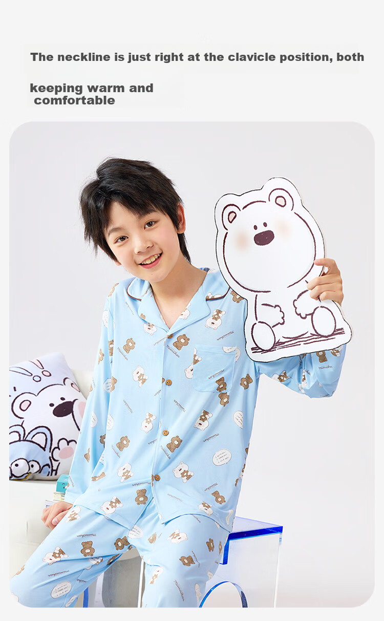 Jiusuiban [Miiiiichan Collaboration] Children's Pajamas, Boys' Spring And Summer Plant Cotton Thin Cartoon Bear Home Wear Set 8