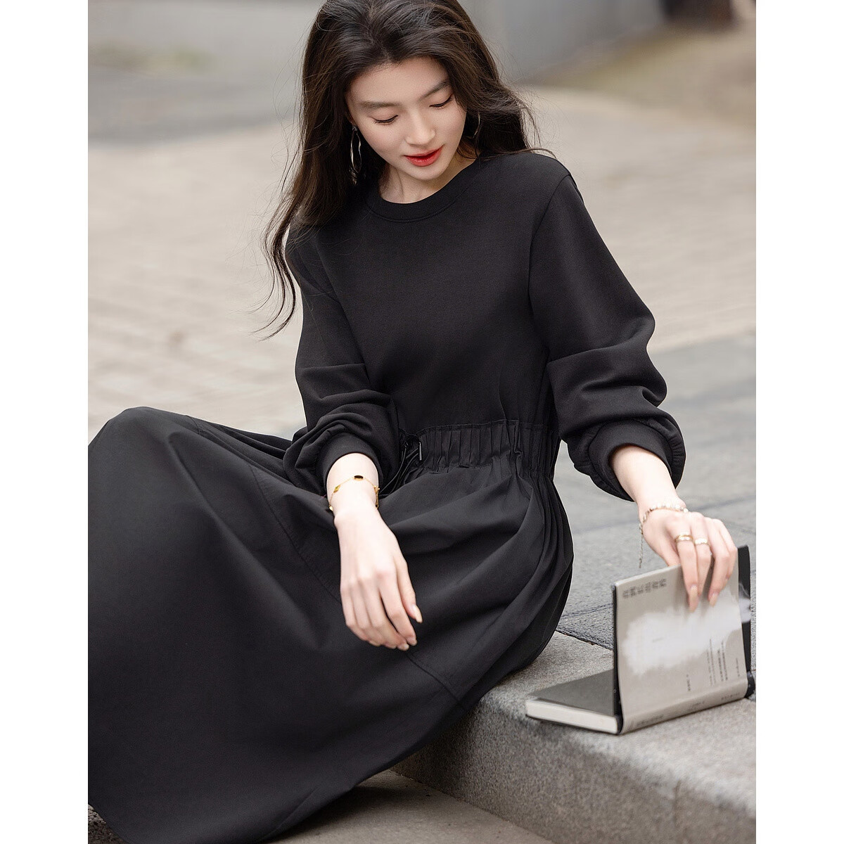 Demana [Spade Contract] Spring 280G Air Layer Elastic Waist Ruched Patchwork Relaxed Fit Women's Dress