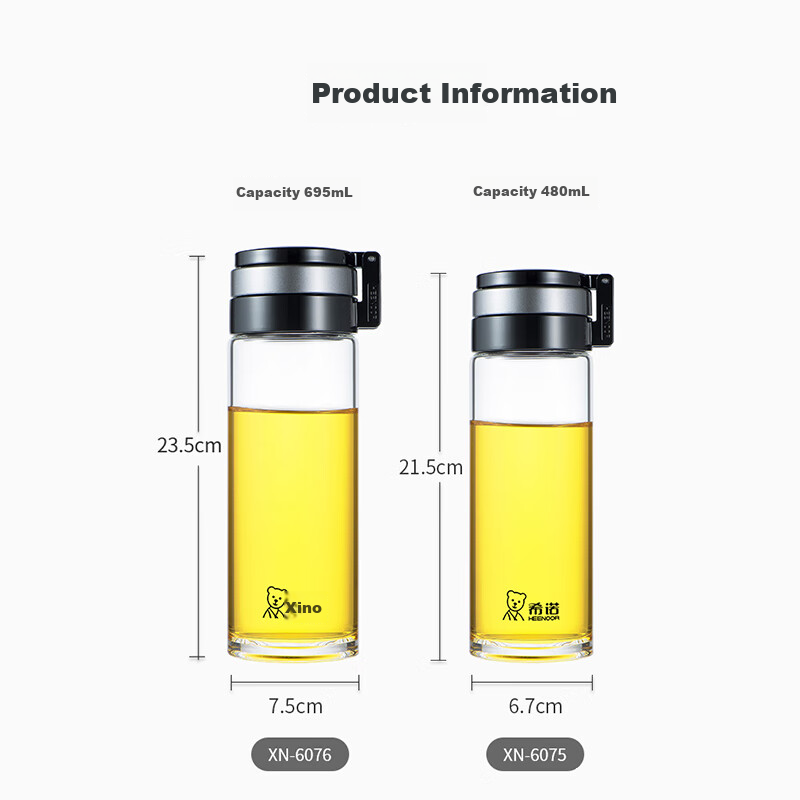 Heenoor Single-Layer Glass Cup, Large Capacity, Portable Handle, Sports Water Bottle for Men, Filtered Tea Cup, XN-6075, 480mL