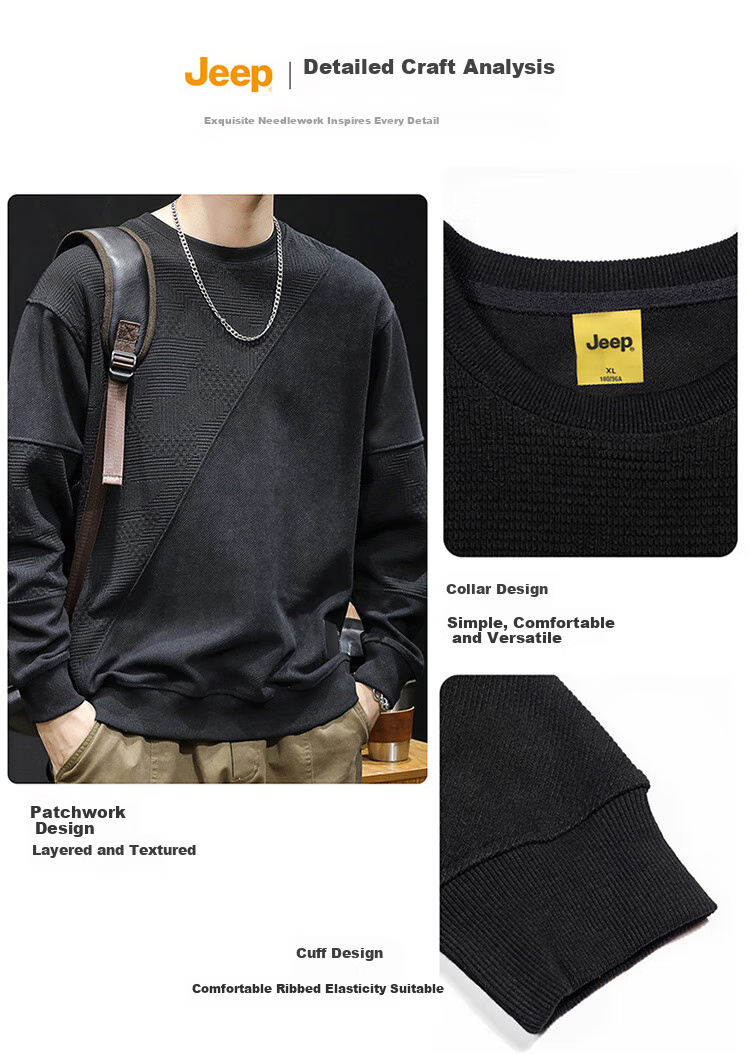JEEP Men's Sweatshirt, Spring And Autumn Heavyweight Base Layer, Loose Long-Sleeve T-Shirt Top, Color-Block Menswear, Apricot Color, XL 3