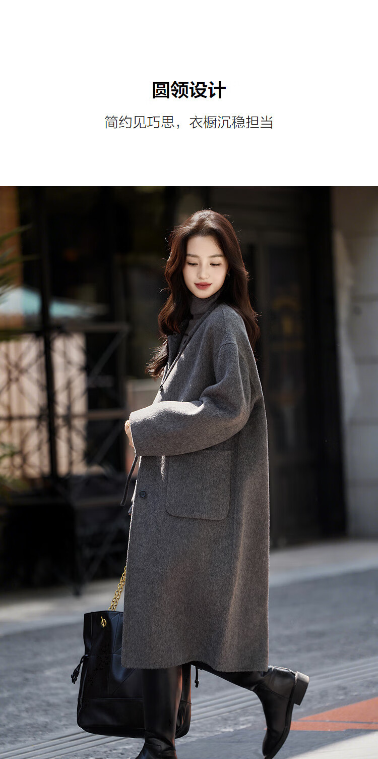 Dme 100% Wool Double-Faced Woolen Coat Winter Luxury Round Neck Ribbon Long Women's Woolen Overcoat 1
