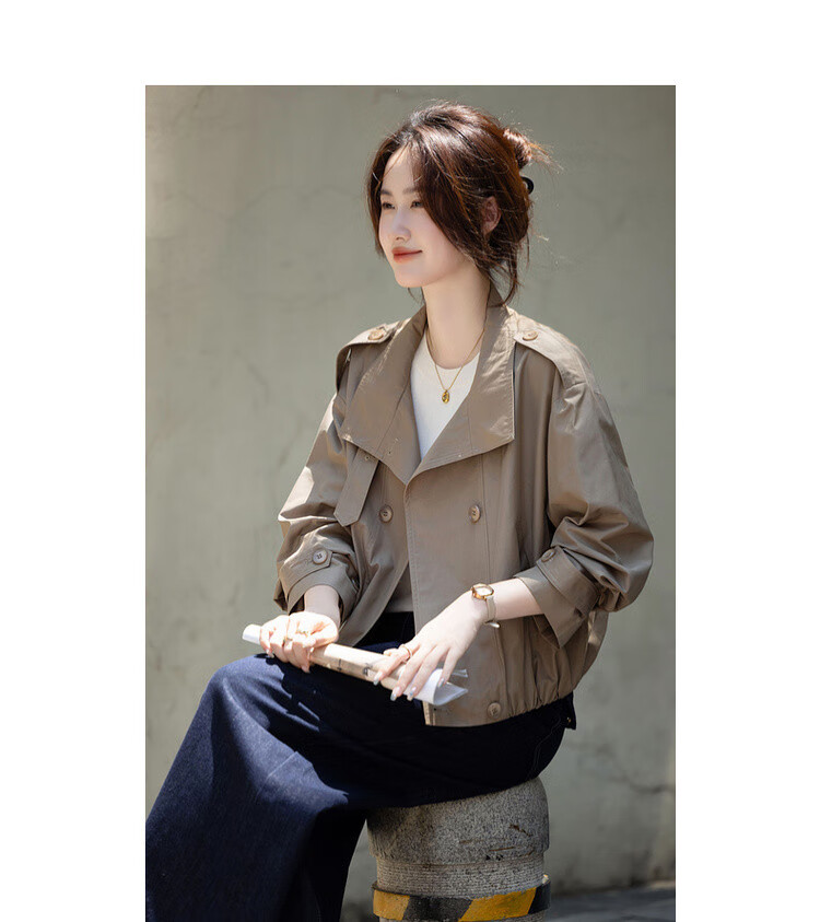 Demana Reversible Collar Autumn Casual Relaxed Cloud Cotton Double-Breasted Loose Short Women's Trench Coat 9