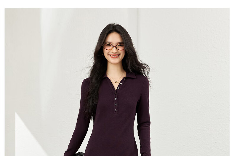 Fansiman Commuter Polo Collar Dress for Women Autumn New Slim Fit Shoulder Long Dress Mulberry Purple M 2
