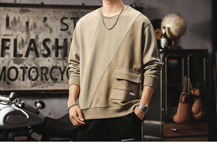 JEEP Men's Sweatshirt, Autumn And Winter Heavyweight Base Layer, Loose Chenille Top, Color-Block Menswear, Khaki, 2XL 7