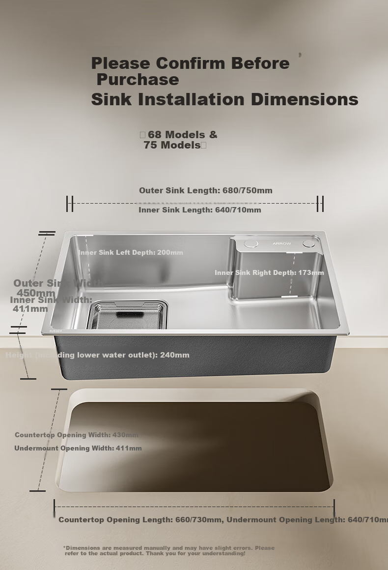 ARROW Kitchen Sink, Large Single Basin, Japanese-Style 304 Stainless Steel Dishwashing And Vegetable Washing Sink, Integrated Basi 27
