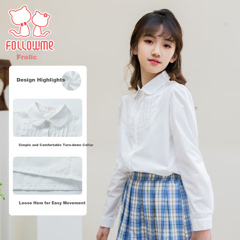 Follow Me Girls' Shirt, Spring And Autumn Academic Style Versatile Casual Long-Sleeve Top, Children's Peter Pan Collar Blouse, White, Size 110