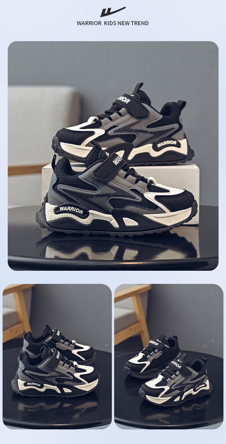 Warrior Boys' Sports Shoes Spring and Autumn Breathable Mesh Running Shoes WZ-1351 Dark Blue/White Size 34 4