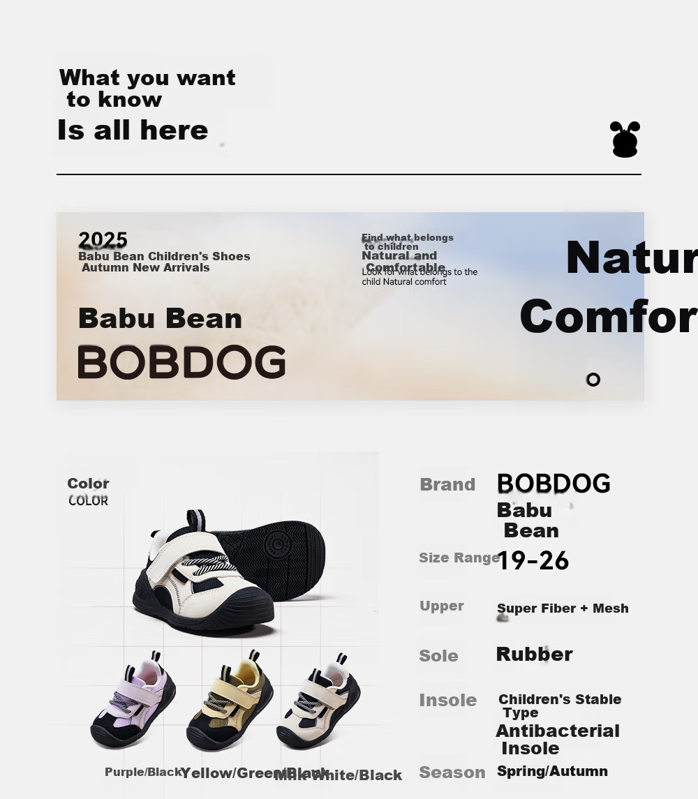 BOBDOG Children's Shoes, Baby Walking Shoes, Autumn New Style Non-Slip Children's Shoes, Functional Shoes for Girls, Purple/black, Size 21 3