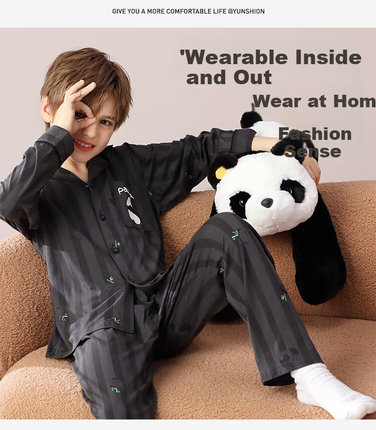 Yunxiangyi Boys' Pajamas, Autumn Cotton Antibacterial Fashionable Striped Bamboo Panda Sleepwear for Older Boys, Size 14 5