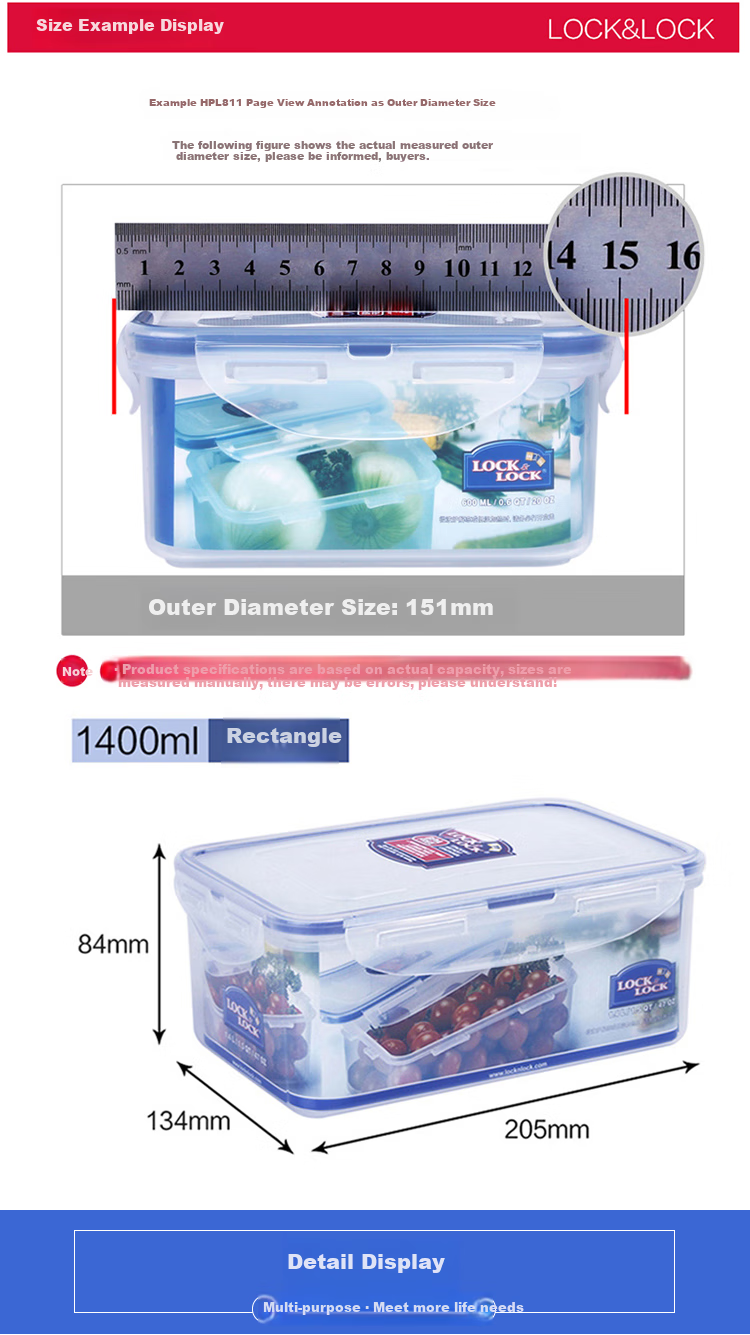 LOCK&LOCK Plastic Sealed Lunch Box, Refrigerator Storage Container, Food Storage Box, Transparent, 1.4L×2 Pieces 2