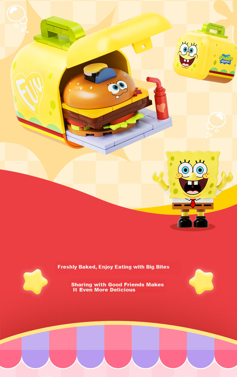 AREA-X SpongeBob Collaboration Blind Box Building Blocks Trendy Toy Assembly Birthday Gift, Bichi Bao Fast Food Delivery, 1 Box 3