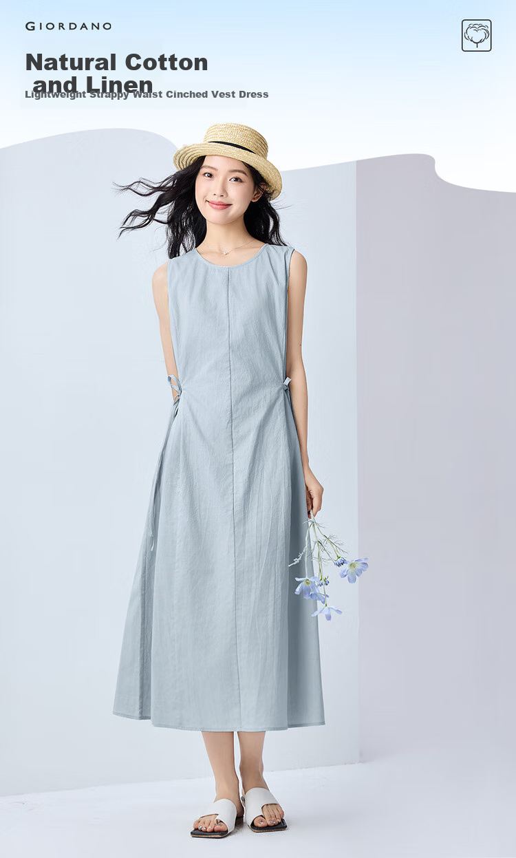 Giordano Sleeveless Dress for Women, Summer New Style Cotton Linen Tie-Waist Round Neck Dress 13465305 3