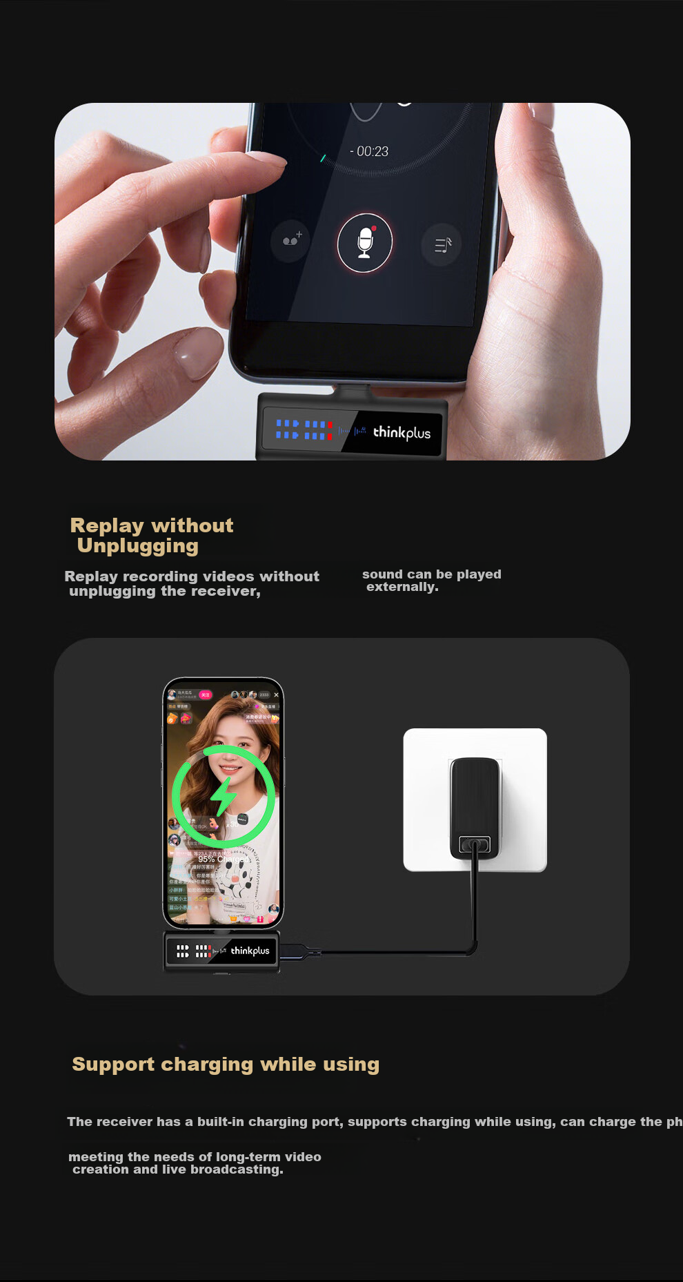Lenovo ThinkPlus Wireless Lavalier Microphone, One-To Host Live Streaming Recording Microphone, Short Video Outdoor Sound Pickup Microphone, Intelligent Noise Reduction, YL55W 12