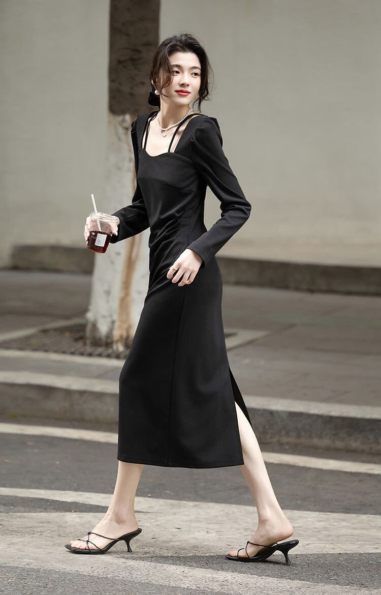Demana Pure Desire Strap Design Spring Autumn French Style Square V Neck Waist Slimming Little Black Dress Knitted Twisted Linen Dress for Women 6
