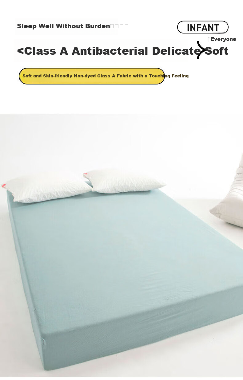Grace Class 7A Antibacterial Fitted Sheet, Pure Cotton Washed Cotton Bed Cover, Full Coverage Mattress Protector, for 1.8m Bed, Tingqing Color 5