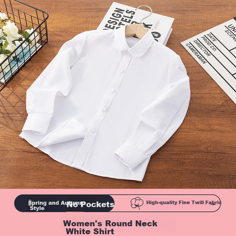 Yinuofang Girls' White Long-Sleeve Round Neck Shirt, Spring And Summer New Style, Student's Day Performance School Uniform, Children's Casual T-Shirt, Loose Fit