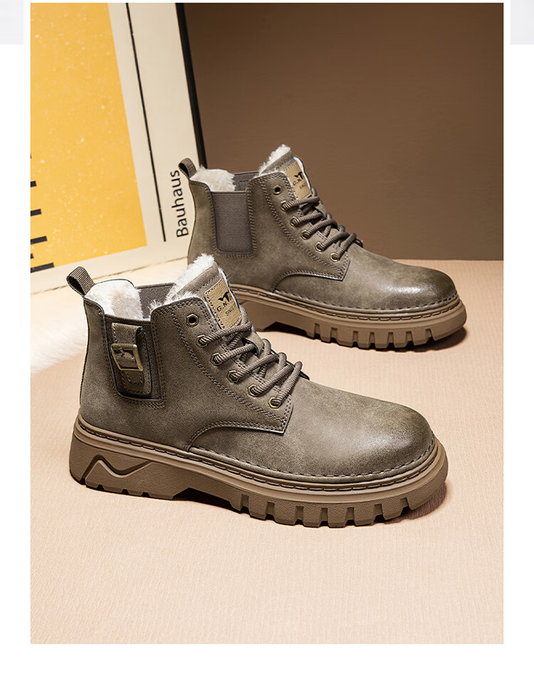Bull Family Martin Boots Men 2026 Winter New Versatile Yellow Boots Fleece Lined Warm Snow Boots Men's Outdoor Hiking Shoes 52