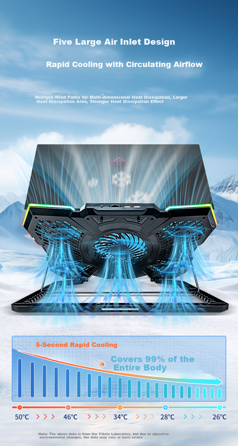 ECOLA Gaming Laptop Cooling Stand, Douzhanzhe Zhans7000 Gaming Five-Fan Cooler with Ten RGB Colorful Light Effects + 7 Adjustable Height Settings NBC-T907 BK 5